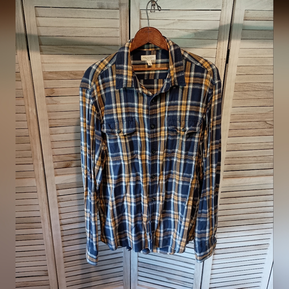 Sonoma Men's Casual Plaid Shirt in Blue and Yellow